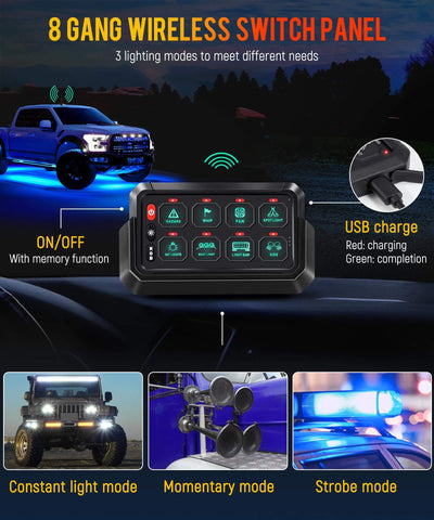 Image of Partsam 5.5″ RGB 8 Gang Switch Panel 265 ft Wireless Waterproof Universal Circuit Control Relay System Box Switch Pod w/3 Silicone Button 5 Brightness Levels for Offroad Truck RV ATV UTV Boat