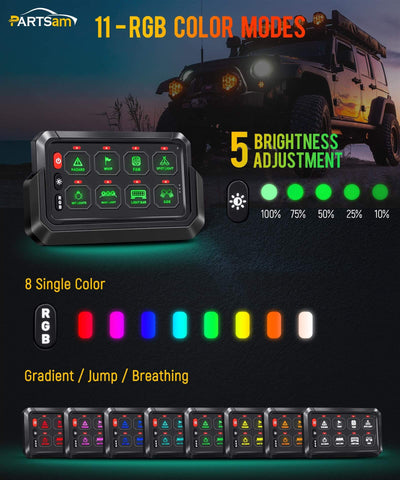 Image of Partsam 5.5″ RGB 8 Gang Switch Panel 265 ft Wireless Waterproof Universal Circuit Control Relay System Box Switch Pod w/3 Silicone Button 5 Brightness Levels for Offroad Truck RV ATV UTV Boat