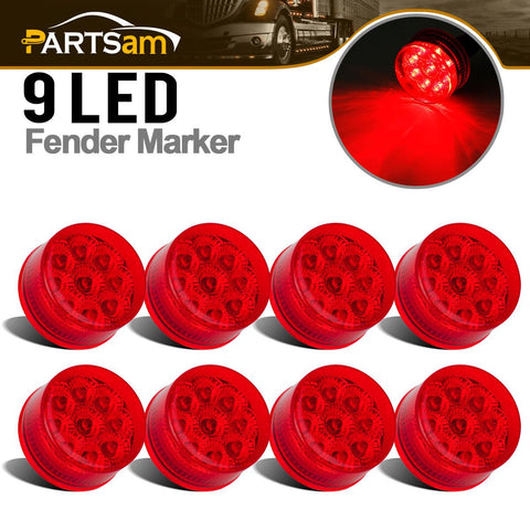 Image of Partsam 8 Pcs Red 9 LED Light Trailer 2" Round Marker Light w Reflector Sleeper Light, Faceted 2 Inch Round Led Trailer Lights, Sealed 2 Inch Round Led Marker Lights with Mini Reflectors