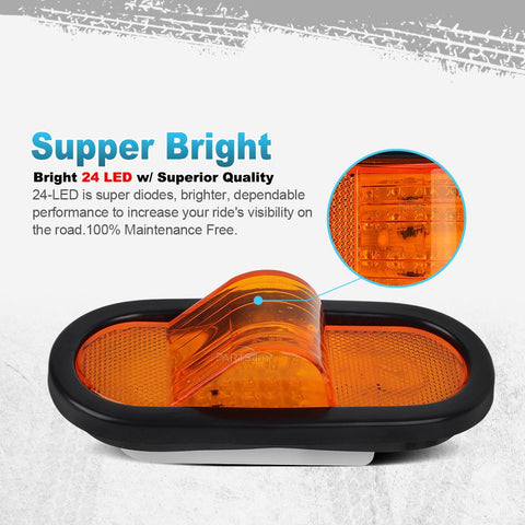 Image of Partsam 2Pcs 6.5 inch Mid Turn Signal Amber Marker Light Rubber Mount 24 LED w/Reflex Lens Universal Waterproof 6 Inch Oval Led Mid-Ship Marker and Turn Signal Semi Truck Trailer Light