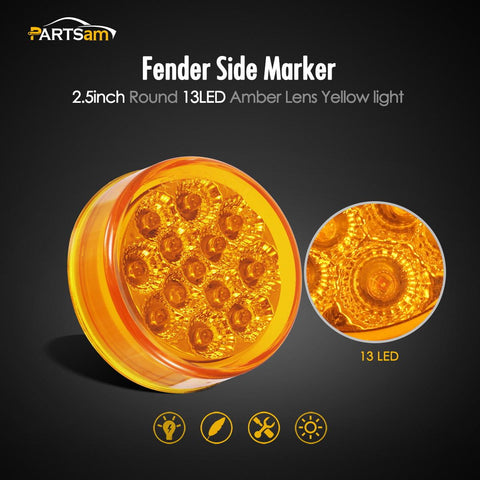 Image of Partsam 2Pcs 2.5 inch Inch Round Trailer Led Side Marker Lights Amber 13 Diodes w Reflectors Waterproof 12V Sealed Replacement for Peterbilt/Kenworth/Freightliner Trucks Breather Panel Lights