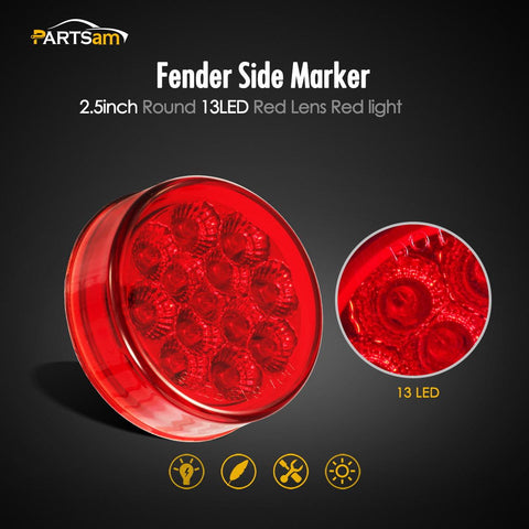 Image of Partsam 2Pcs 2.5 Round Trailer Led Side Marker Lights Red 13 Diodes with Reflectors Waterproof 12V Sealed Trucks Lamps, 2.5 Round Led Marker Lights Cab Sleeper Panel Lights
