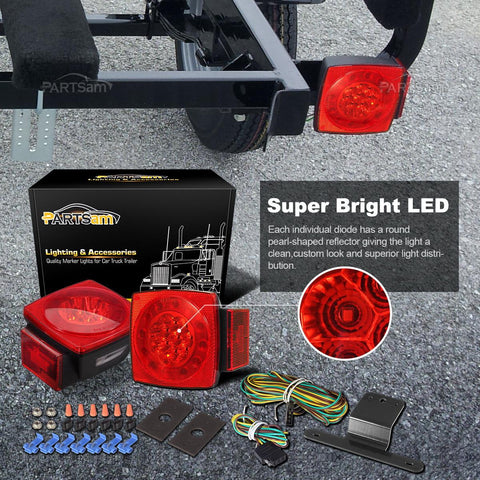 Image of Partsam Led Submersible Trailer Tail Lights Kit, Waterproof 12V Square LED Trailer Lights Halo Glow with Wiring Harness Combination Brake Stop Turn Running License Lights for RV Marine Boat Trailer