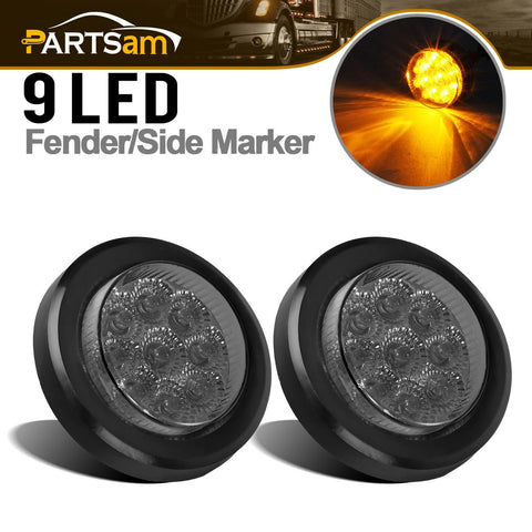Image of Partsam 2Pcs 2 Inch Round Amber Led Side Marker and Clearance Lights 9 Diodes Smoke Lens w Reflectors Trailer Truck Lights Submersible 12V Grommets Pigtails, Sealed 2 Round Led Marker Trailer Lights