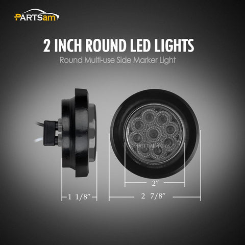 Image of Partsam 2Pcs 2 Inch Round Amber Led Side Marker and Clearance Lights 9 Diodes Smoke Lens w Reflectors Trailer Truck Lights Submersible 12V Grommets Pigtails, Sealed 2 Round Led Marker Trailer Lights