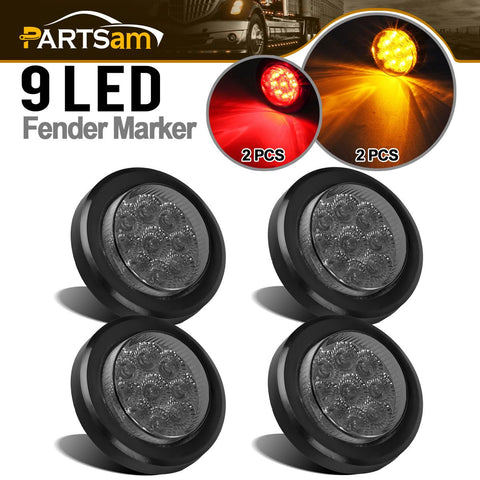 Image of Partsam 4Pcs 2 Inch Smoked Round Led Clearance and Side Marker Lights Kit 9 Diodes w Reflectors Grommets / Pigtails Truck Trailer Rv Flush Mount Waterproof 12V, 2 Inch Round Led Lights (2Amber+2Red)