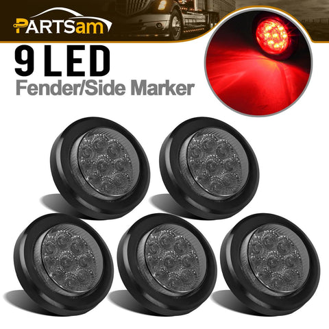 Image of Partsam 5Pcs 2 Inch Round Led Marker Lights 9 Red Diodes Smoked w Reflectors Truck Trailer Rv Flush Mount Waterproof 12V 2 Round Red Led Marker Lights Kits with Grommets and Pigtails