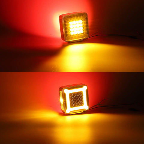 Image of Partsam Pair Double Face Square Pedestal Fender Turn Signal Lights Halo Glow Double Stud, Amber/Red Square 47 Diode Led Turn Stop Marker Running lights Lamps 12V 24V 10-30V