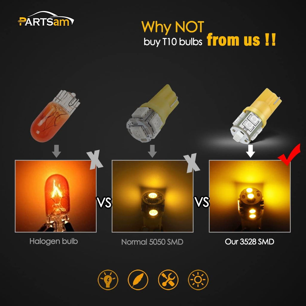 Partsam T10 LED Light Bulbs 5pcs 10-3528-SMD Chipset 194 168 Amber LED Replacement Bulbs for Pickup Truck Cab Marker Roof Running Top Light 12V (Pack of 5)