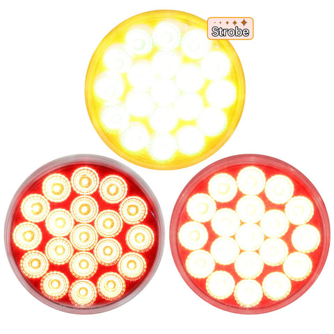 Image of Partsam 2Pcs 4 Inch Round Red Stop Turn Tail Lights to Amber Strobe Lights Kit 19 Diodes w/Chrome Bezels and 3-Prong Wire Pigtails