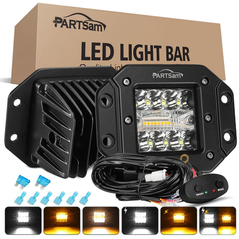 Image of Partsam 2pcs 48W LED Light Pods Amber White Light Bar Strobe Lights Flush Moun 6 Modes Memory Function for ATV UTV SUV Offroad Pickup Trucks w Wiring Harness Kit 16AWG 2 Leads
