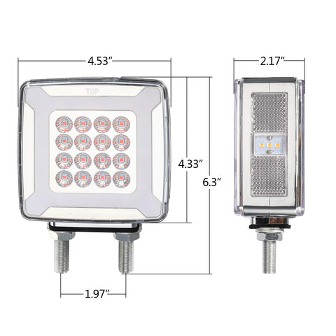 Image of Partsam Pair Double Face Square Pedestal Fender Turn Signal Lights Halo Glow Double Stud, Amber/Red Square 47 Diode Led Turn Stop Marker Running lights Lamps 12V 24V 10-30V