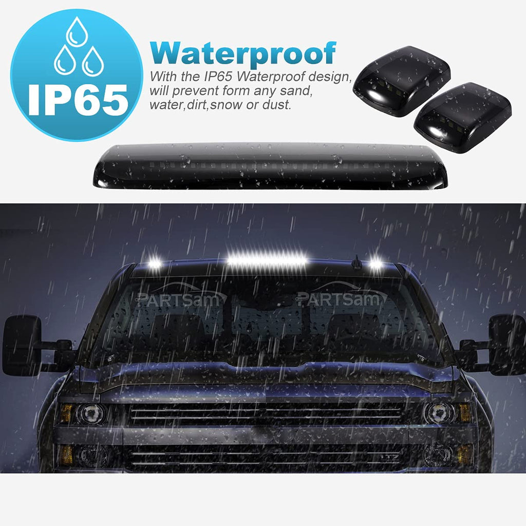 Partsam 3Pcs Smoked White Cab Marker Lights Replacement for Silverado/Sierra 1500 2500 3500 2015 2016 2017 2018 2019 White 30 LED Cab Roof Top Clearance Marker Running Lights Lamps w/Wiring Pack