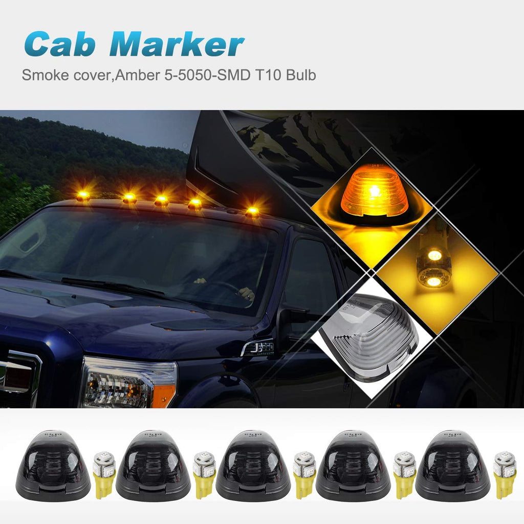 Partsam 5X Smoke Cab Marker Top Roof Light + 5X Amber T10 LED Lights Assembly Compatible with E150 E250 E350 E450 F150 F250 F350 F450 F550 Super Duty with Stock Cab Light 1999-2016