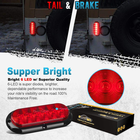 Image of Partsam 2PCS Trailer Truck Boat Bus Red LED 6inch Inch Oval Stop Turn Tail Brake Light DOT Certified Marker Lights Sealed Surface Mount 12V Waterproof IP65 Replacement for Trailer RV Trucks