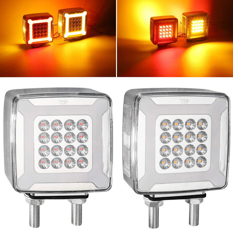 Image of Partsam Pair Double Face Square Pedestal Fender Turn Signal Lights Halo Glow Double Stud, Amber/Red Square 47 Diode Led Turn Stop Marker Running lights Lamps 12V 24V 10-30V