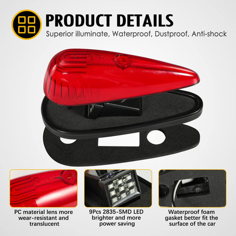Image of Partsam Red Cab Light, 5Pcs 9 LED Torpedo Cab Marker Light Roof Running Top, Front Rear Top Clearance Roof Running Light with Wiring Pack for Trucks, Vans, Pickups, semis, and RVs(Red/Red)