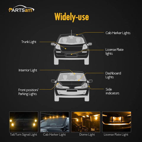 Image of Partsam T10 LED Light Bulbs 5pcs 10-3528-SMD Chipset 194 168 Amber LED Replacement Bulbs for Pickup Truck Cab Marker Roof Running Top Light 12V (Pack of 5)