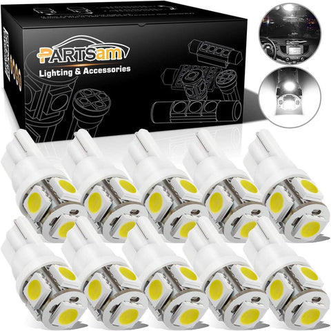 Image of Partsam 194 168 LED Bulbs White, Super Bright T10 2825 Car Interior Dome Lights Bulbs 6000K 5050-SMD Chipsets Error Free for Car Dome Map Door Courtesy License Plate Lights, 10Pcs