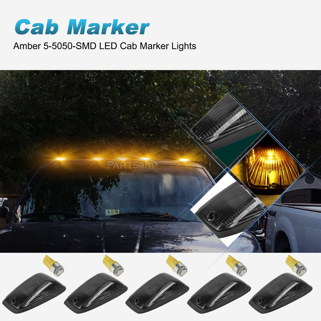 Partsam 5X Smoke Cab Marker Lights Roof Light 264159BK + 5X White T10 LED Lights + Base Assembly Compatible with C1500 C2500 C3500 K1500 K2500 K3500 1988-2002 Pickup Trucks