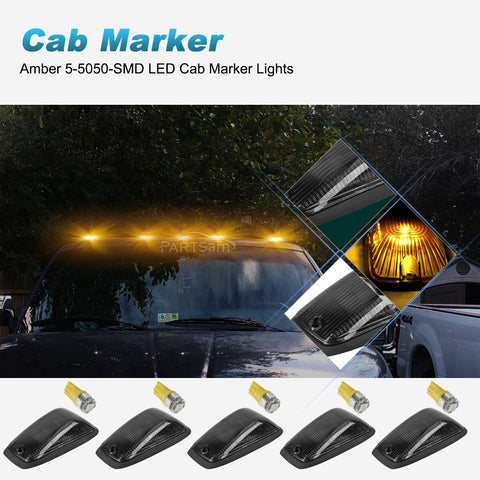Image of Partsam 5X Smoke Cab Marker Lights Roof Light 264159BK + 5X White T10 LED Lights + Base Assembly Compatible with C1500 C2500 C3500 K1500 K2500 K3500 1988-2002 Pickup Trucks