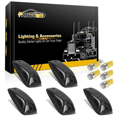 Image of Partsam 5X Smoke Cab Marker Lights Roof Light 264159BK + 5X White T10 LED Lights + Base Assembly Compatible with C1500 C2500 C3500 K1500 K2500 K3500 1988-2002 Pickup Trucks