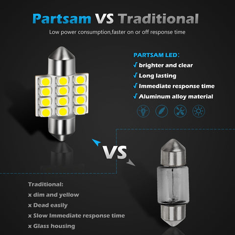 Image of Partsam DE3175 31mm Festoon LED Bulbs White, DE3175 DE3021 LED Car Interior Dome Lights Bulbs Super Bright 6000K Error Free for Truck Dome Map Door Courtesy Trunk Lights, 8 Pack