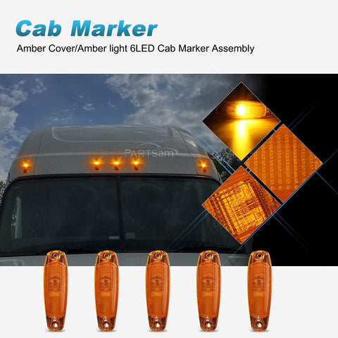Image of Partsam Replacement for Freightliner Cascadia Cab Roof Marker Clearance Lights Lamps 5pcs Amber Lens 4 LED Assembly, for Post 2014 New Generation Cascadia Cab Lights A66-01728-003