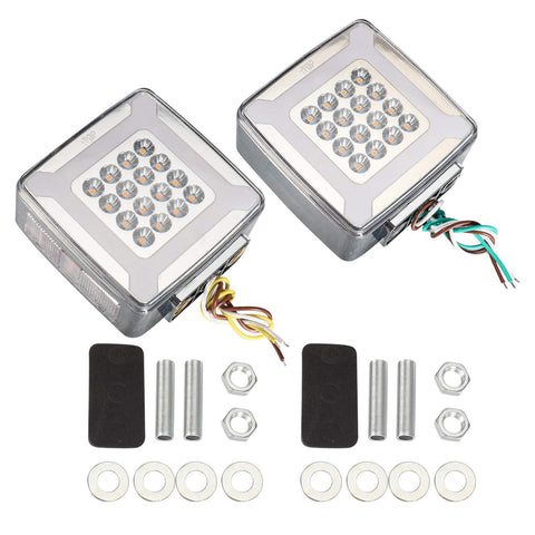 Image of Partsam Pair Double Face Square Pedestal Fender Turn Signal Lights Halo Glow Double Stud, Amber/Red Square 47 Diode Led Turn Stop Marker Running lights Lamps 12V 24V 10-30V