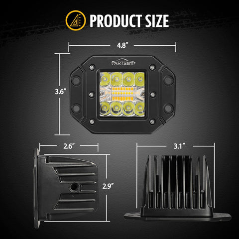 Image of Partsam 2pcs 48W LED Light Pods Amber White Light Bar Strobe Lights Flush Moun 6 Modes Memory Function for ATV UTV SUV Offroad Pickup Trucks w Wiring Harness Kit 16AWG 2 Leads