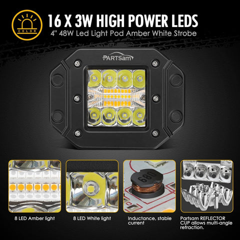 Image of Partsam 2pcs 48W LED Light Pods Amber White Light Bar Strobe Lights Flush Moun 6 Modes Memory Function for ATV UTV SUV Offroad Pickup Trucks w Wiring Harness Kit 16AWG 2 Leads
