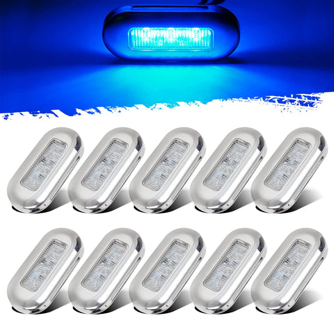 Image of Partsam 10Pcs 3" Marine Boat Flush Mount Clear Lens Blue LED Oblong Courtesy Light with High Polished Stainless Steel Bezel Sealed 12V DC