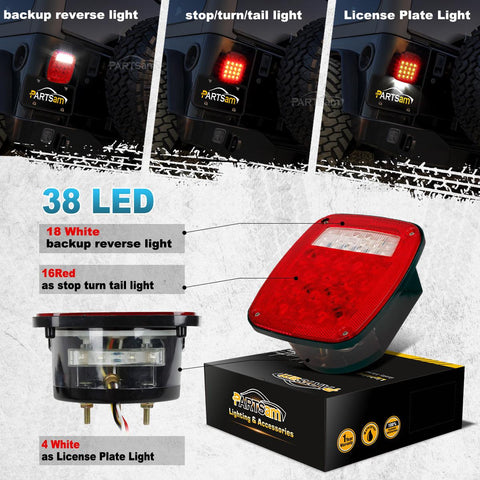 Image of Partsam Pair 38 LED Universal Tail Brake Turn Stop License Back up Reverse Lights Rear Combination for Wrangler YJ TJ JK CJ Truck Trailer Boat RV,12V Stud Mounted Lamps Waterproof,Pack of 2