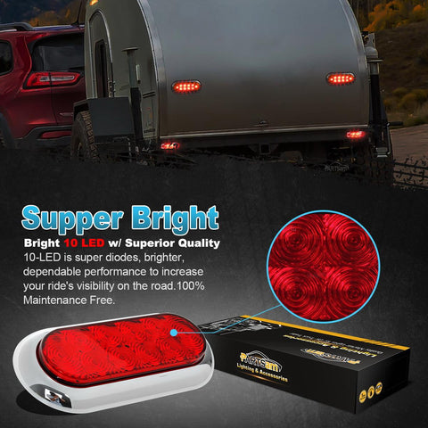 Image of 2PCS 6inch Oval Chrome Trailer Truck Red 10 LED Surface Mount Stop Turn Tail Lights