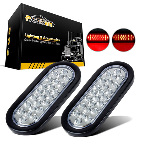Image of Partsam 2x Oval Brake Stop Tail Turn Sealed Marker Lights Flush Mount 6.3inch Inch 24 LED Truck Trailer Boat Utility Clear Lens Red w/Rubber Grommet Waterproof 12V