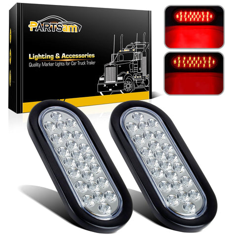 Image of Partsam 2x Oval Brake Stop Tail Turn Sealed Marker Lights Flush Mount 6.3inch Inch 24 LED Truck Trailer Boat Utility Clear Lens Red w/Rubber Grommet Waterproof 12V