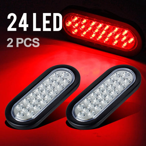Image of Partsam 2x Oval Brake Stop Tail Turn Sealed Marker Lights Flush Mount 6.3inch Inch 24 LED Truck Trailer Boat Utility Clear Lens Red w/Rubber Grommet Waterproof 12V