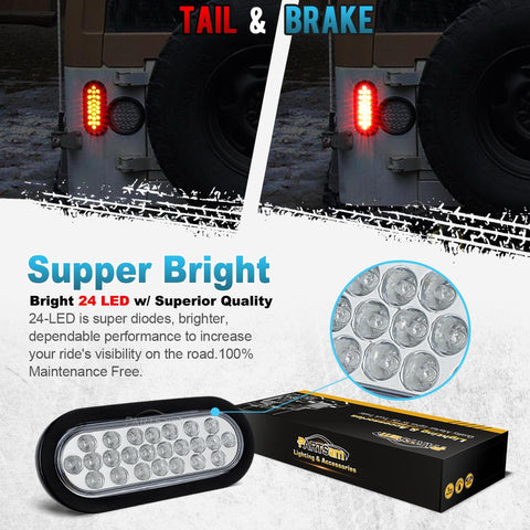 Image of Partsam 2x Oval Brake Stop Tail Turn Sealed Marker Lights Flush Mount 6.3inch Inch 24 LED Truck Trailer Boat Utility Clear Lens Red w/Rubber Grommet Waterproof 12V
