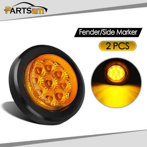 Image of Partsam 2Pcs 2 Inch Round Truck Trailer Led Side Marker Clearance Light Amber 9 Diodes with Reflectors Sealed Waterproof 12V 2 Inch Round LED Side Fender Panel Lights with Grommets and Wire Pigtail