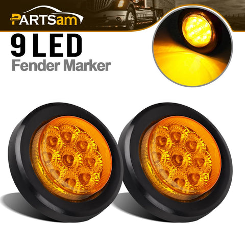 Image of Partsam 2Pcs 2 Inch Round Truck Trailer Led Side Marker Clearance Light Amber 9 Diodes with Reflectors Sealed Waterproof 12V 2 Inch Round LED Side Fender Panel Lights with Grommets and Wire Pigtail