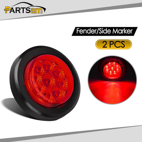 Image of Partsam 2Pcs 2 Inch Round Trailer Led Clearance Side Marker Lights Red 9 Diodes with Reflectors Waterproof Sealed 2 Inch round led marker lights Fender Cab Panel Lights Grommets and Pigtails Included