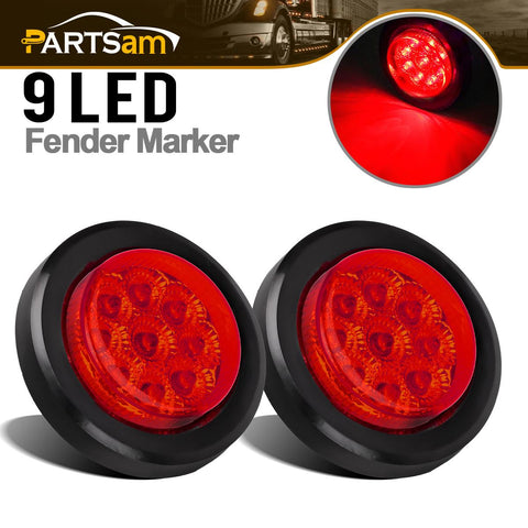 Image of Partsam 2Pcs 2 Inch Round Trailer Led Clearance Side Marker Lights Red 9 Diodes with Reflectors Waterproof Sealed 2 Inch round led marker lights Fender Cab Panel Lights Grommets and Pigtails Included