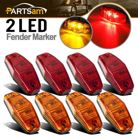 Image of Partsam Universal Red/Amber Surface Mount LED Side Fender Marker Lights, Sealed Mini LED Side Marker Clearance Identification Lights, 2 Wire, 2 Diodes, 2.54 x 1.06 (Pack of 8)
