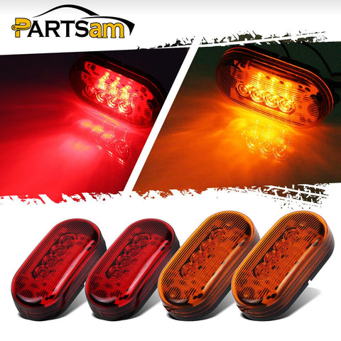 Image of Partsam 2 Amber + 2 Red 12V 4inch x 2inch Oval Led Truck Side Marker Light Surface Mount 10 Diodes, Sealed Trailer Led Clearance and Side Marker Lights, Black Base, Rectangular Rectangle Led Lights