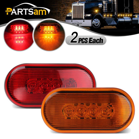 Image of Partsam 2 Amber + 2 Red 12V 4inch x 2inch Oval Led Truck Side Marker Light Surface Mount 10 Diodes, Sealed Trailer Led Clearance and Side Marker Lights, Black Base, Rectangular Rectangle Led Lights