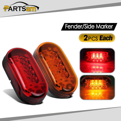 Image of Partsam 2 Amber + 2 Red 12V 4inch x 2inch Oval Led Truck Side Marker Light Surface Mount 10 Diodes, Sealed Trailer Led Clearance and Side Marker Lights, Black Base, Rectangular Rectangle Led Lights