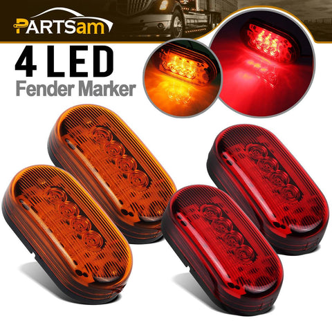 Image of Partsam 2 Amber + 2 Red 12V 4inch x 2inch Oval Led Truck Side Marker Light Surface Mount 10 Diodes, Sealed Trailer Led Clearance and Side Marker Lights, Black Base, Rectangular Rectangle Led Lights