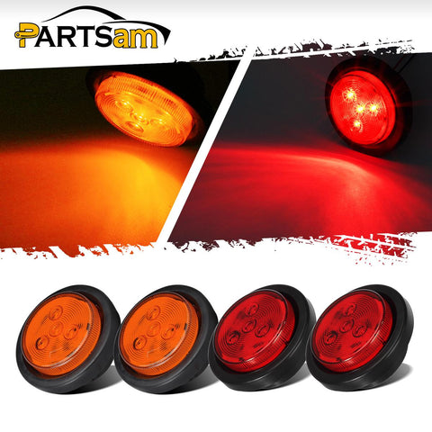 Image of Partsam 2 Amber + 2 Red Truck Trailer 2.5inch Round Side Marker Led Clearance Light 4LED 12V, 2.5 Inch Round Led Marker Lights, 2.5 Round Led Clearance Lights, 2.5 Inch Round Led Flush Mount Lights