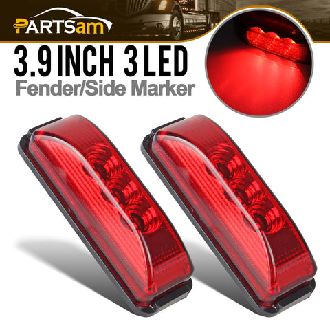 Image of Partsam Pair 3.9inch Side Marker & Clearance Light Red Waterproof Black Base Mount 3LED, Sealed Thin Line LED Trailer Marker Clearance or ID Lights w/Miro-Reflectors