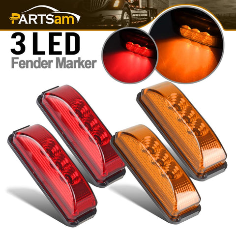 Image of Partsam 3.9 Inch 3 Led Truck Trailer Lights Front Rear LED Side Marker Lights Clearance Indicator Lights Lamps Waterproof Sealed Surface Mount LED Marker Lights w/ Mini Reflectors ( 2Amber+2Red )